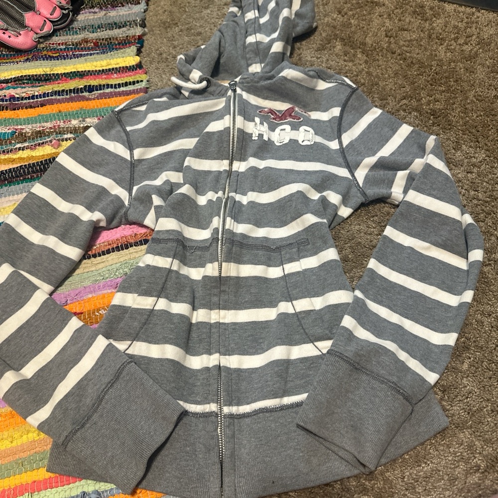 Hollister Blue and White Striped Hoodie